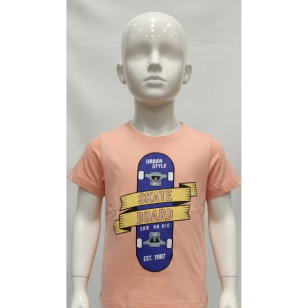 Peach kids cotton t-shirt with a large blue and yellow skateboard graphic on a mannequin