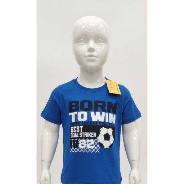 Kids royal blue cotton t-shirt with 'Born to Win' football striker graphic on a mannequin