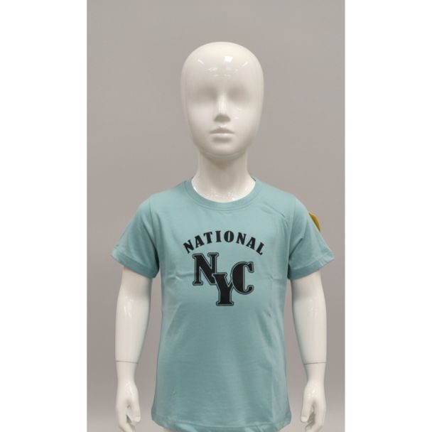 Kids teal short sleeve cotton T-shirt with bold black and grey 'NATIONAL NYC' graphic print