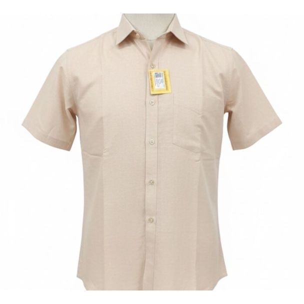 Light beige short sleeve button-up shirt displayed on a mannequin torso