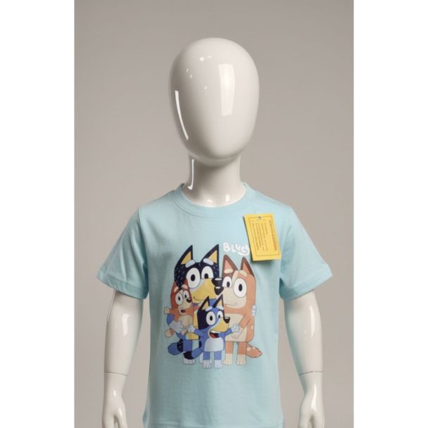 Light blue short sleeve cotton t-shirt featuring a Bluey cartoon family print on a mannequin in India