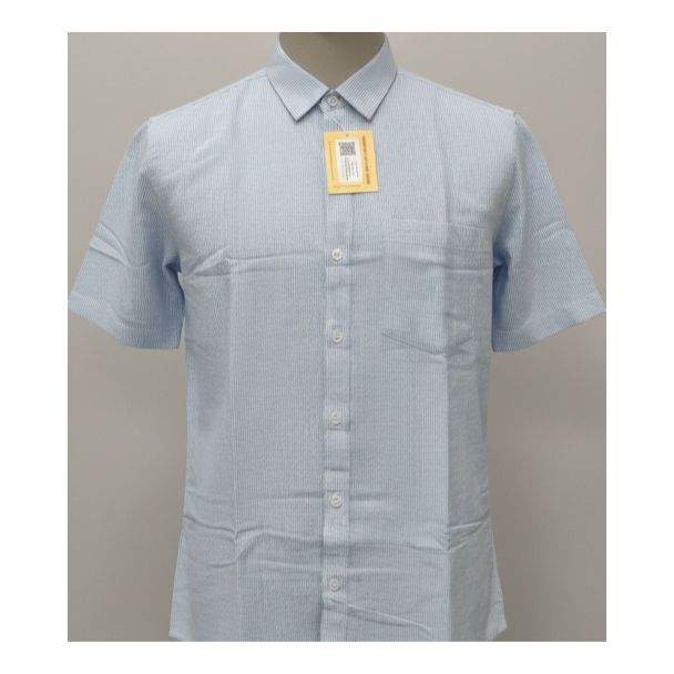 Light blue pinstriped men's cotton shirt with half sleeves and chest pocket