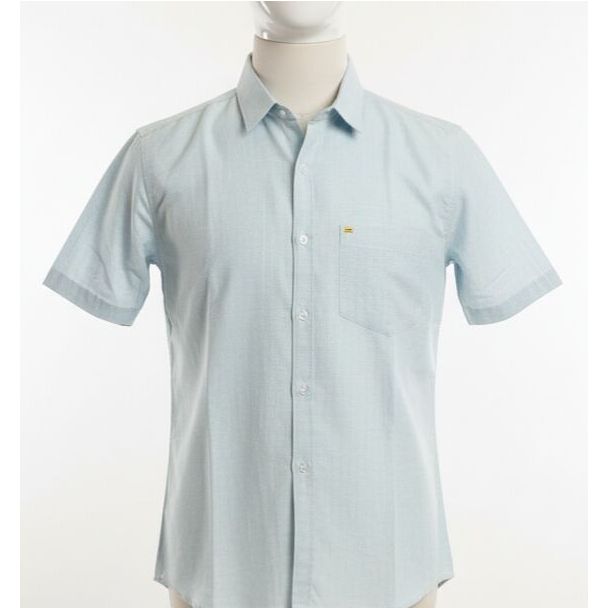 Light blue short sleeve cotton shirt with a collar, button-up front, and chest pocket.