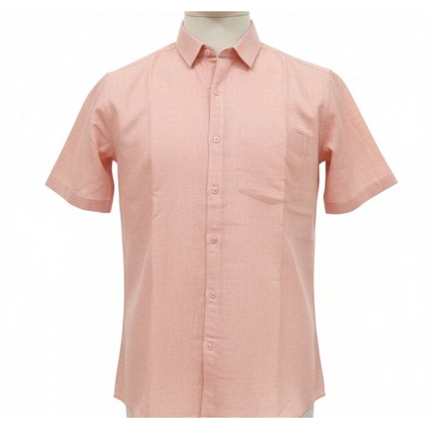 Light coral short-sleeved button-down shirt with classic collar and a pocket