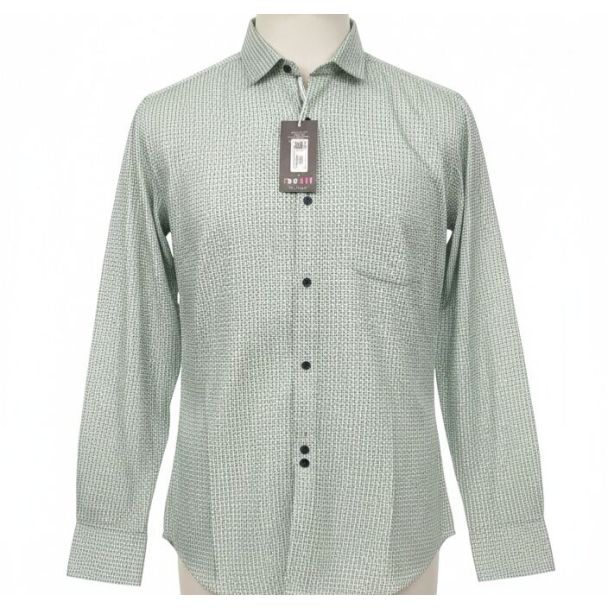 Light green men's shirt with geometric pattern and long sleeves, displayed on a mannequin.