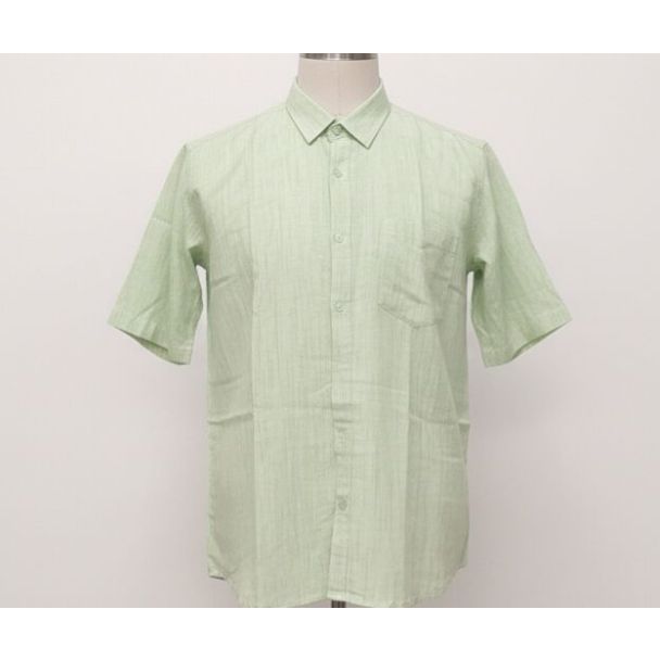 Light green cotton short-sleeve collared shirt with pinstripe pattern