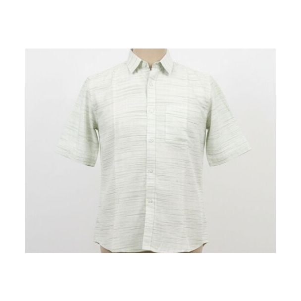 Light green short sleeve cotton shirt with horizontal stripes and a classic collar