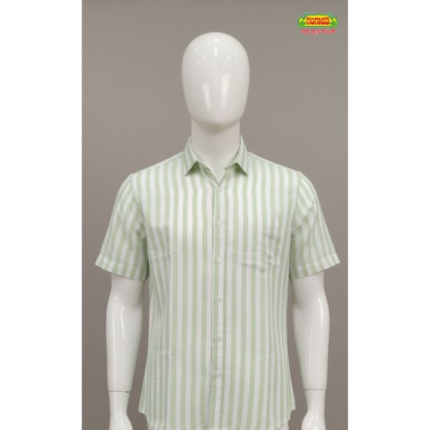 Light green and white vertical striped men's cotton half sleeve shirt