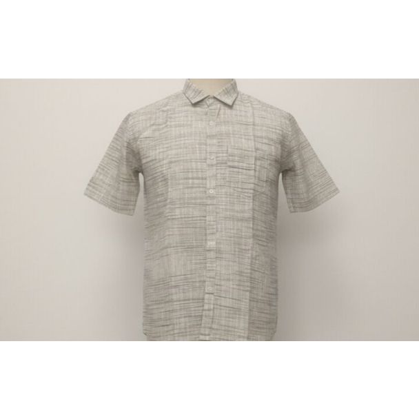 Light grey men's short sleeve shirt with horizontal stripe texture on a mannequin