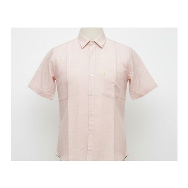 Light pink cotton shirt with a subtle checked pattern and short sleeves