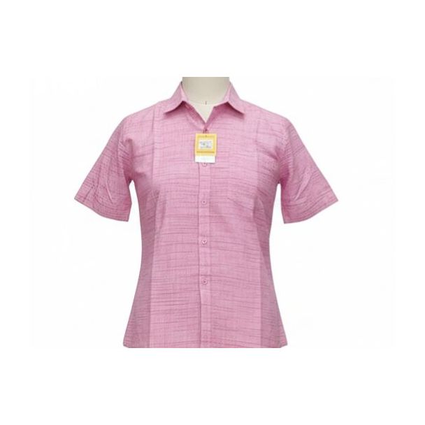 Light pink short-sleeved button-down shirt with a classic collar and a subtle textured pattern.