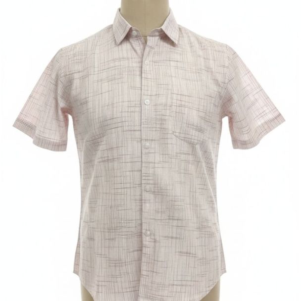 Light pink short-sleeve woven shirt with subtle stripe pattern on mannequin