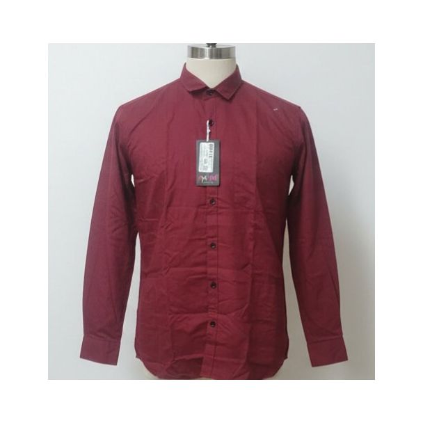Maroon cotton shirt with long sleeves, button-down front, and a collared neckline.