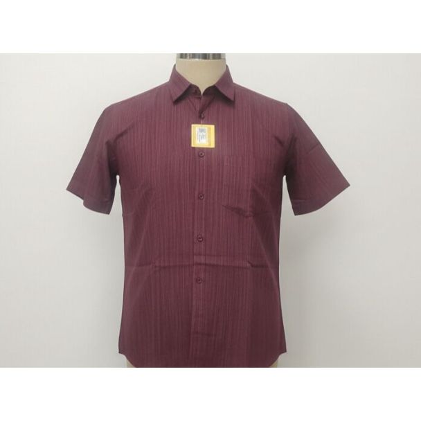 Maroon collared cotton shirt with short sleeves and vertical stripes