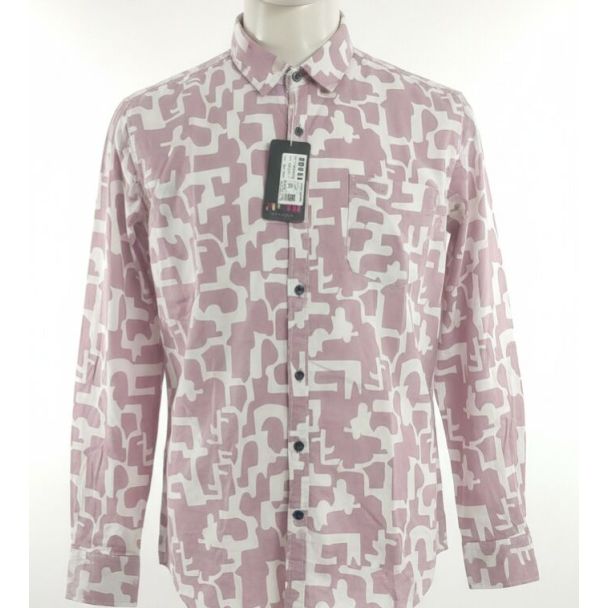 Mauve and white patterned cotton long-sleeve button-up shirt on a mannequin