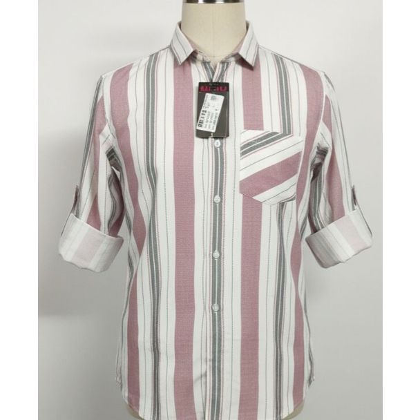 Men's casual striped cotton shirt in mauve, white, and grey with roll-up sleeves.
