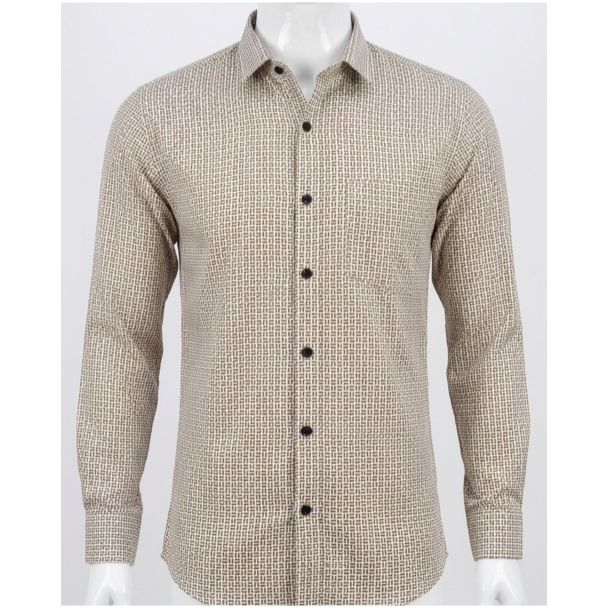 Mens Beige Geometric Printed Cotton Casual Slim Fit Shirt India