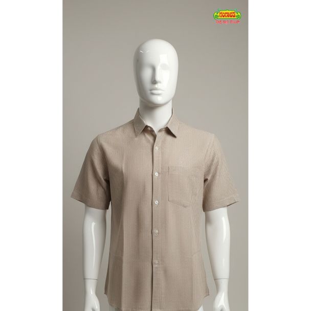 Mens Beige Striped Cotton Shirt Short Sleeve Regular Fit India