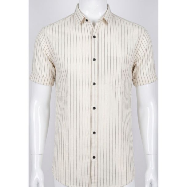 Mens Beige Striped Cotton Slim Fit Casual Shirt for men in India