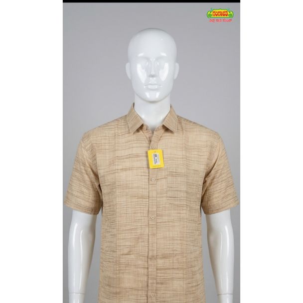 Mens beige textured cotton casual half sleeve shirt for summer wear in India