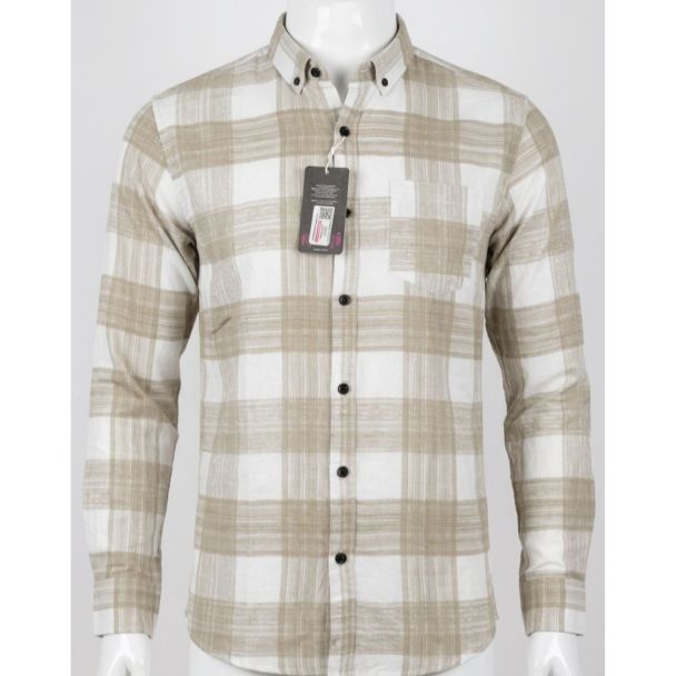 Mens Beige White Plaid Cotton Slim Fit Full Sleeve Shirt for Men India
