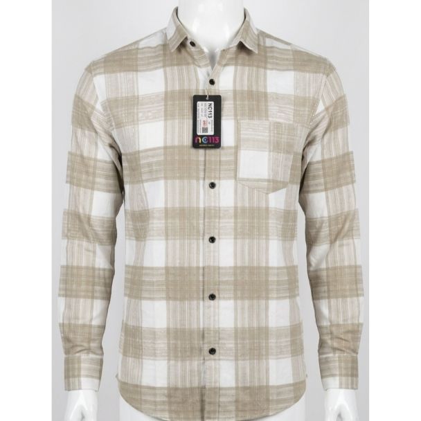 Mens Beige White Plaid Slim Fit Long Sleeve Cotton Shirt India