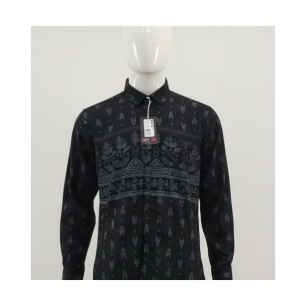 Black men's full sleeve casual shirt with grey ethnic print on mannequin India