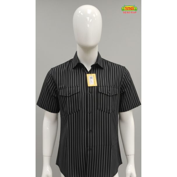 Men's black and white striped short sleeve cotton shirt