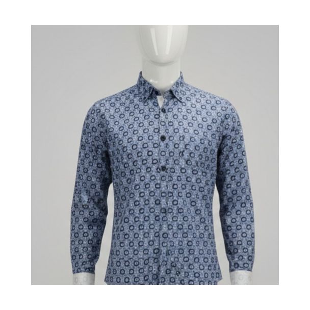 Men's light blue shirt with navy geometric circle print displayed on mannequin India