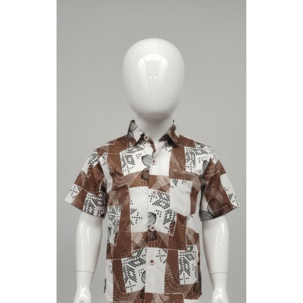 Men's brown and white geometric print cotton shirt with short sleeves