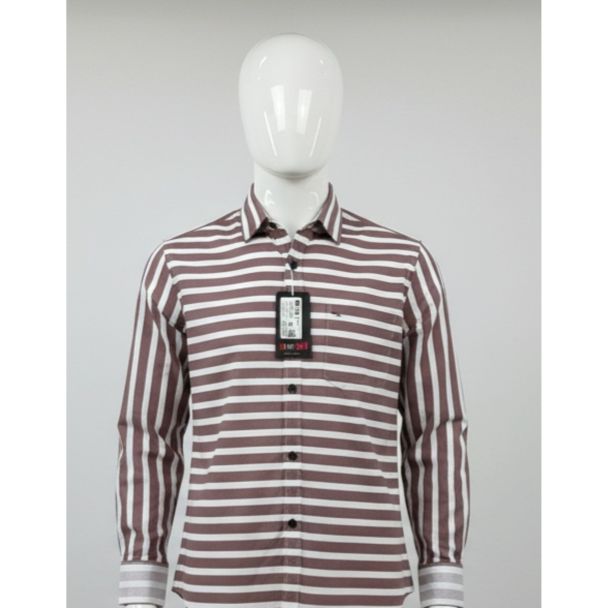 Men's brown and white horizontally striped full sleeve casual shirt on a mannequin
