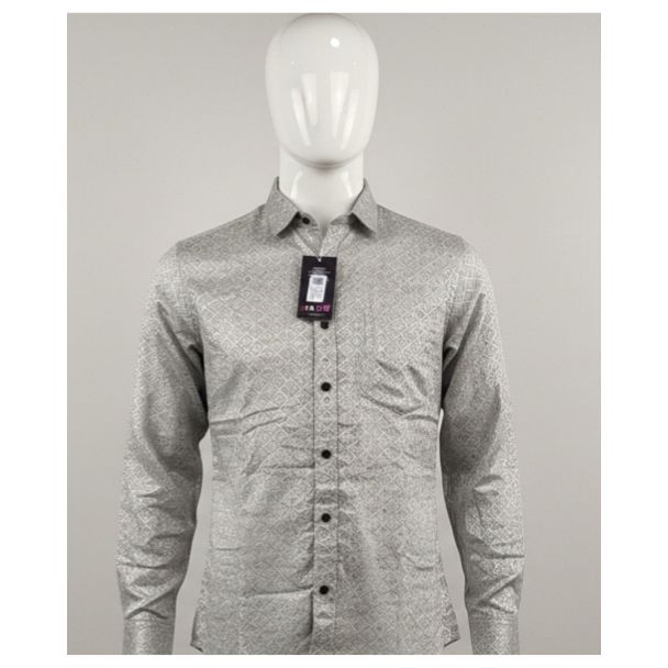 Men's light grey patterned long sleeve button-down casual shirt on a mannequin