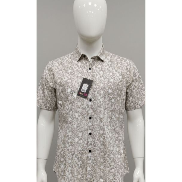 Men's casual short sleeve shirt in beige and grey micro-print on mannequin India