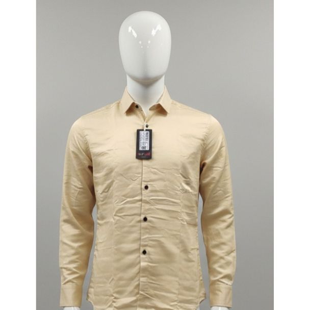 Men's solid light beige long sleeve button-down shirt on a mannequin