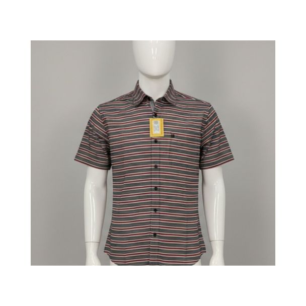 Men's charcoal grey striped cotton shirt with short sleeves - Gangavathi Exports