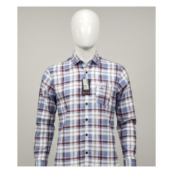 Men's blue, burgundy and white checkered cotton shirt with full sleeves India
