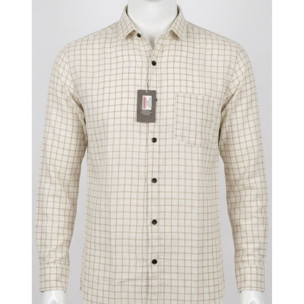 Mens Cream Checkered Slim Fit Cotton Casual Shirt for Men India