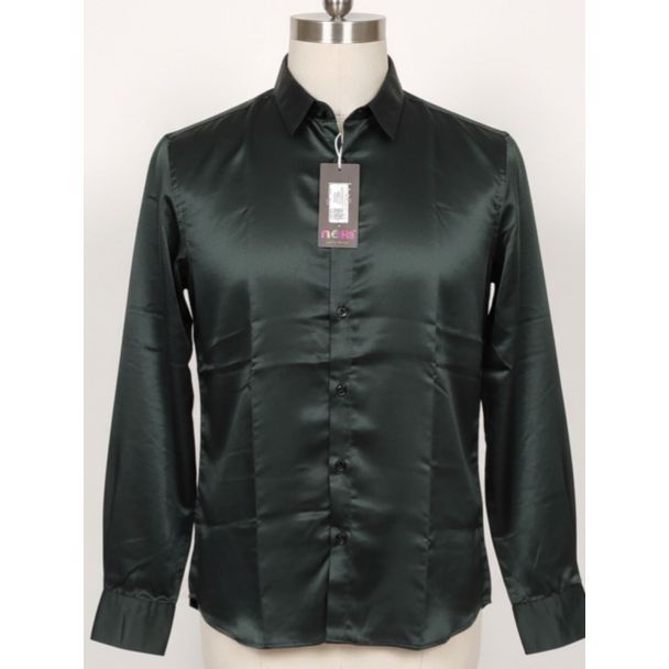 Men's dark green satin formal shirt with long sleeves and classic collar