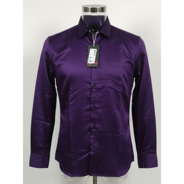 Men's deep purple long sleeve dress shirt with satin finish on a mannequin.