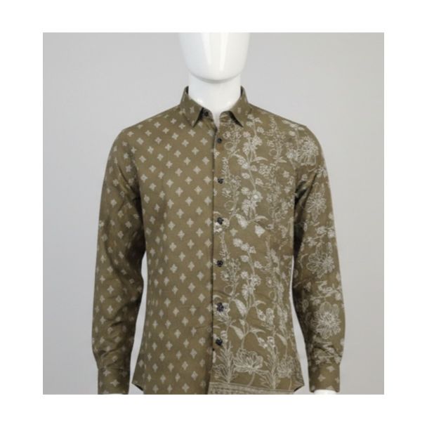 Men's olive green cotton shirt with dual print design on mannequin in India