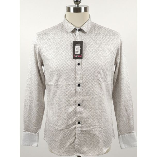 Light beige geometric print men's full sleeve dress shirt with contrasting white cuffs