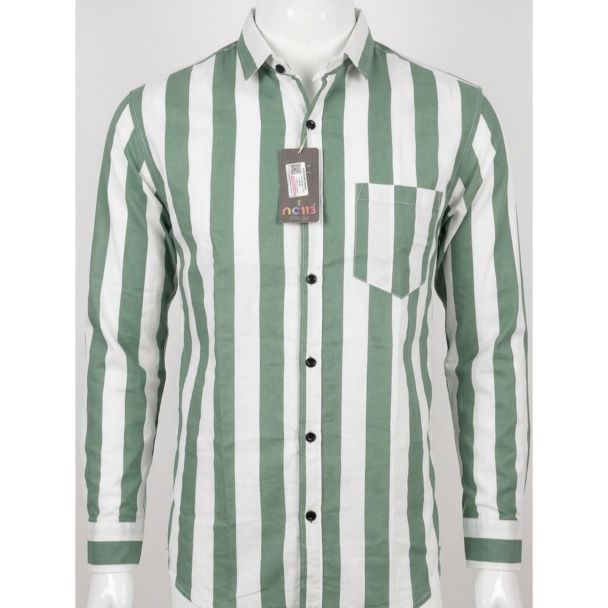Mens Green White Striped Slim Fit Cotton Casual Shirt India