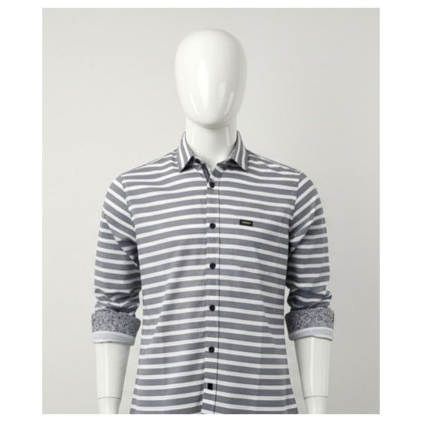 Men's grey and white horizontally striped cotton shirt with full sleeves.