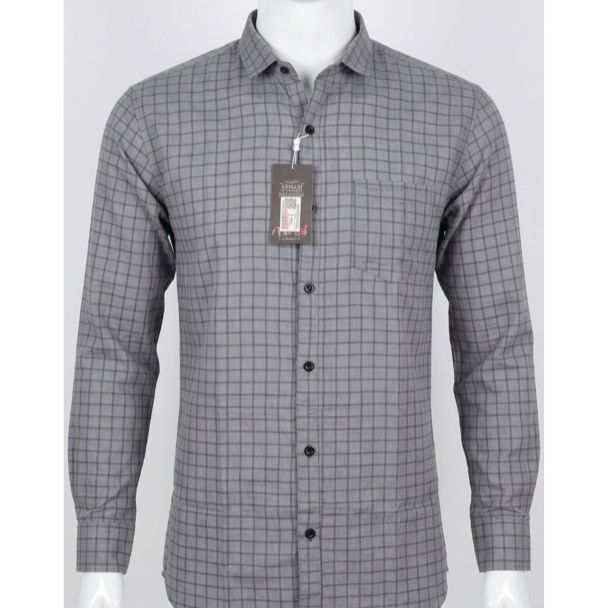 Mens Grey Checkered Cotton Slim Fit Full Sleeve Casual Shirt India
