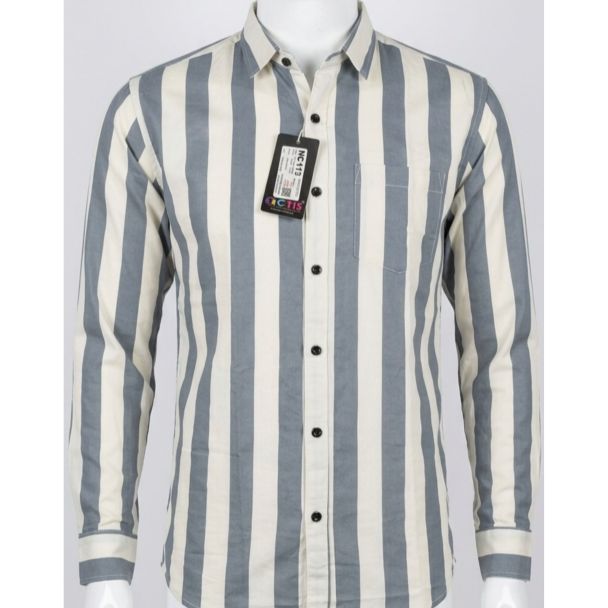 Mens Grey and Off-White Striped Casual Full Sleeve Shirt for Men India