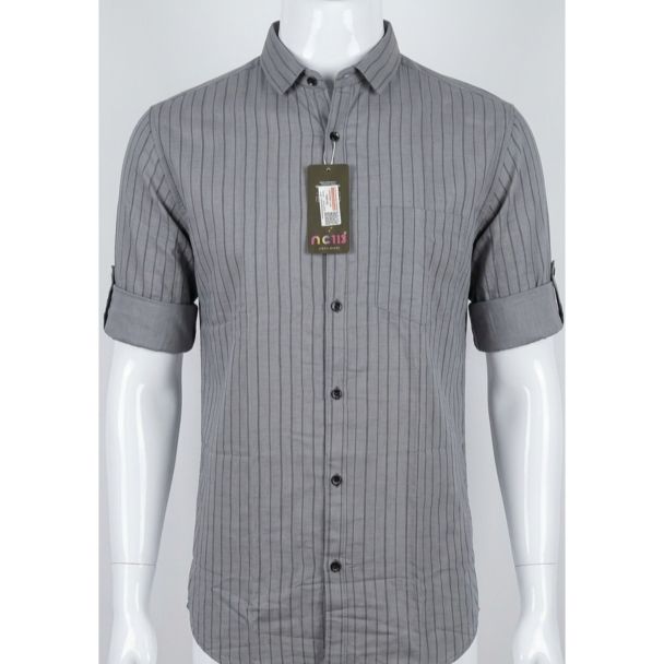 Mens Grey Striped Cotton Slim Fit Casual Shirt for men in India