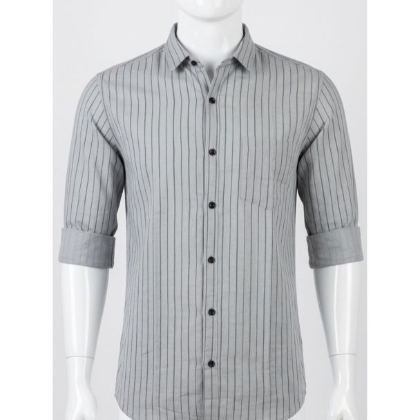 Mens Grey Striped Cotton Slim Fit Casual Shirt for Men Online India