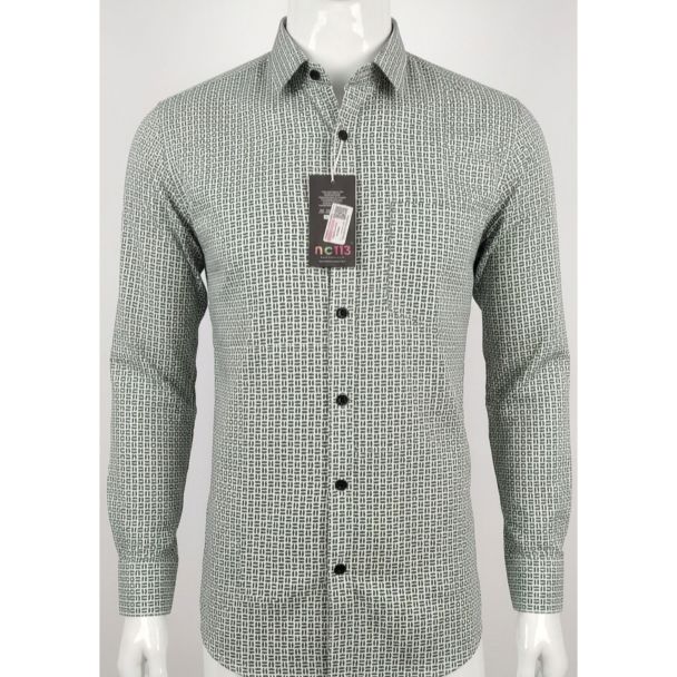 Mens Grey White Geometric Print Cotton Slim Fit Shirt India