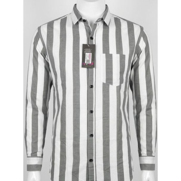 Mens Grey and White Striped Cotton Slimfit Casual Shirt India