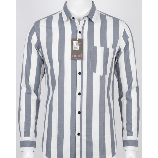 Men's Grey and White Striped Slim Fit Cotton Casual Shirt India
